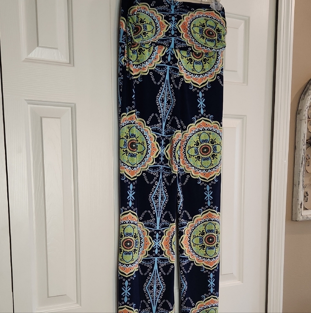 Navy Patterned Wide Leg Pants